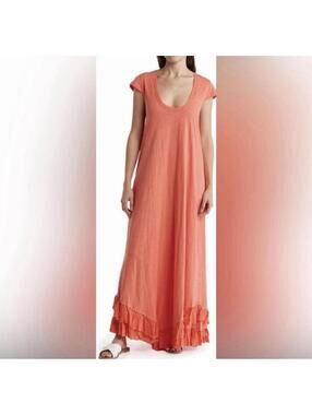 Area Stars Cap Sleeve Ruffle Hem Maxi Tshirt Dress Coral Scoop Neck Size Medium